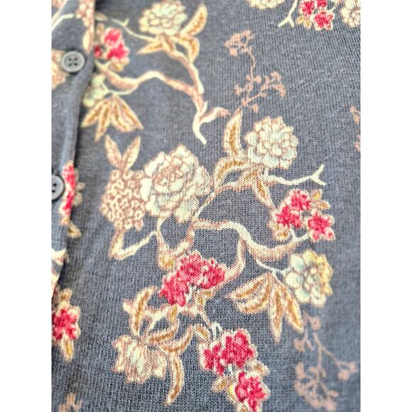 Garnet Hill Wool Cardigan Sweater Med Gray Red Floral Lightweight Layering Lux - Picture 7 of 11